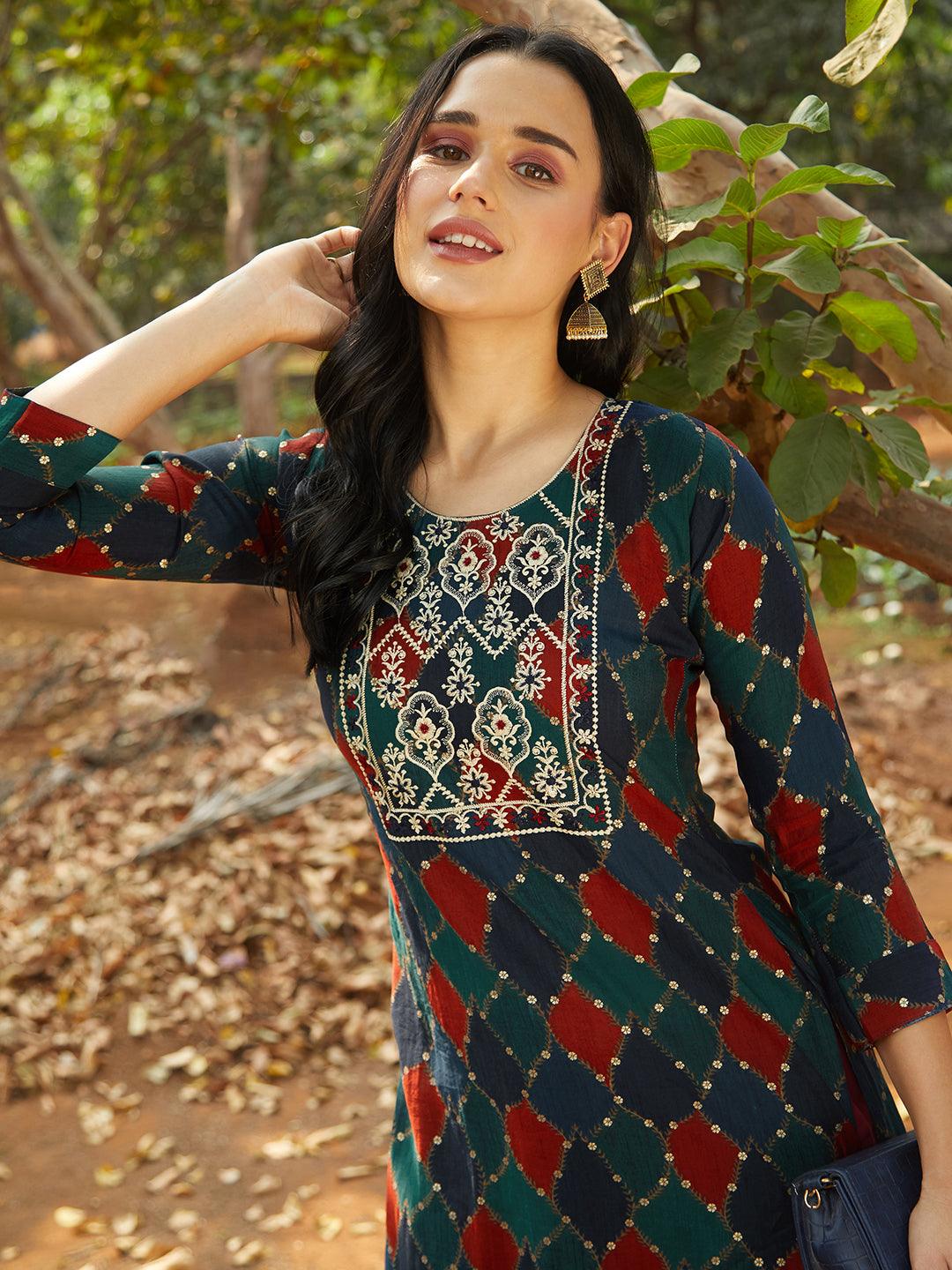 Mosaic & Foil Printed Resham Embroidered Kurta - Navy Blue & Green - Indiakreations