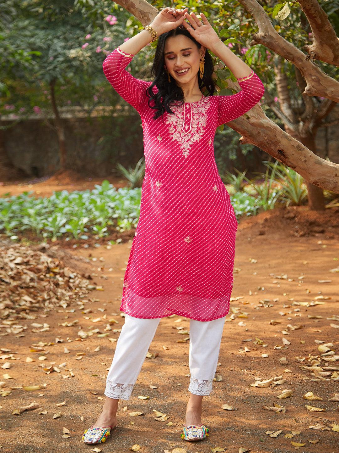 Leheriya Printed & Embroidered Straight Fit Kurta - Rani Pink - Indiakreations