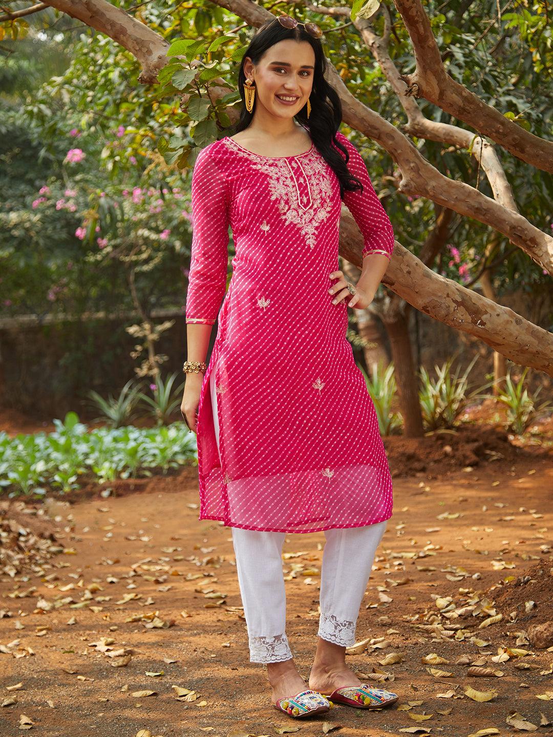 Leheriya Printed & Embroidered Straight Fit Kurta - Rani Pink - Indiakreations