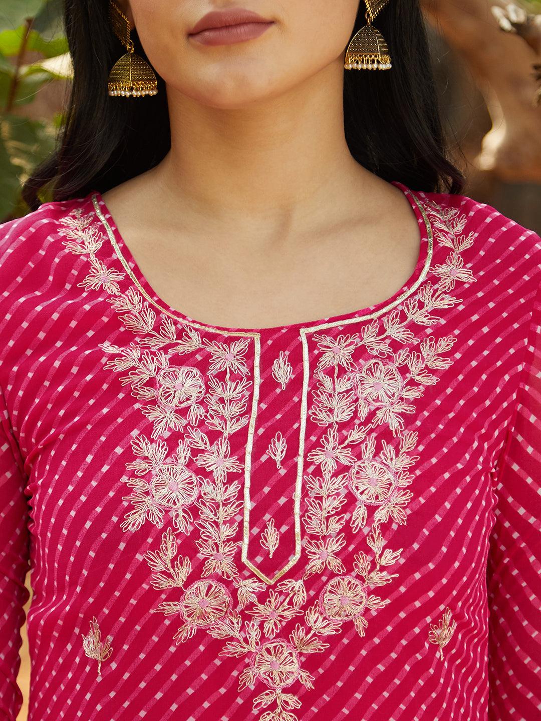 Leheriya Printed & Embroidered Straight Fit Kurta - Rani Pink - Indiakreations