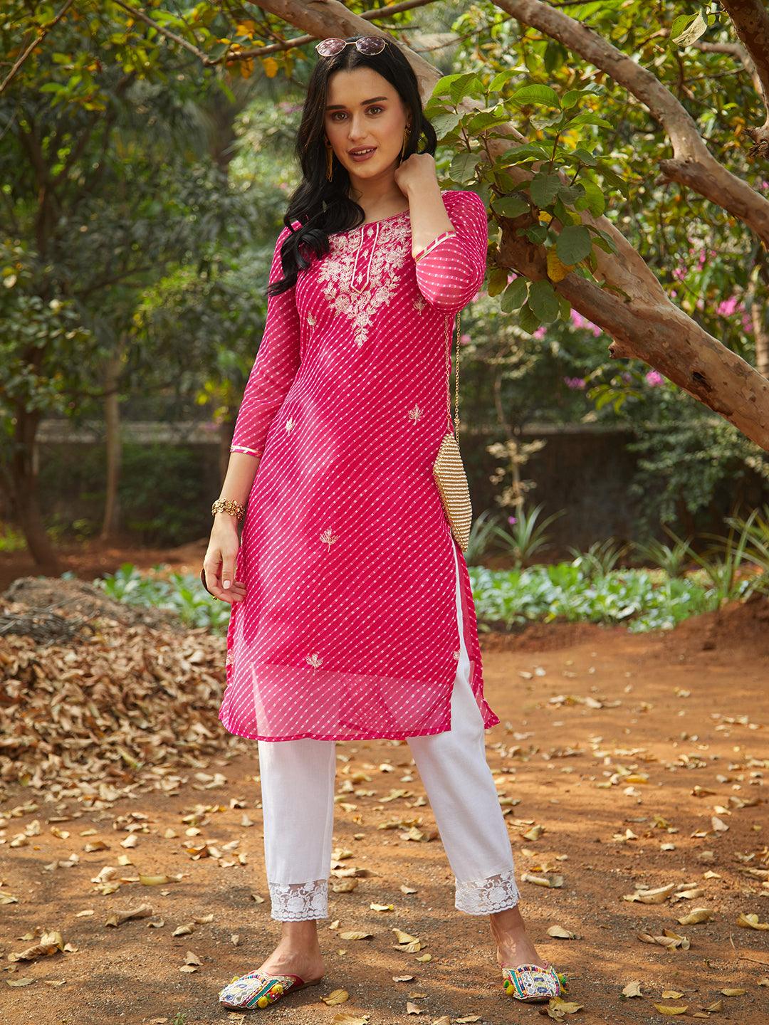 Leheriya Printed & Embroidered Straight Fit Kurta - Rani Pink - Indiakreations