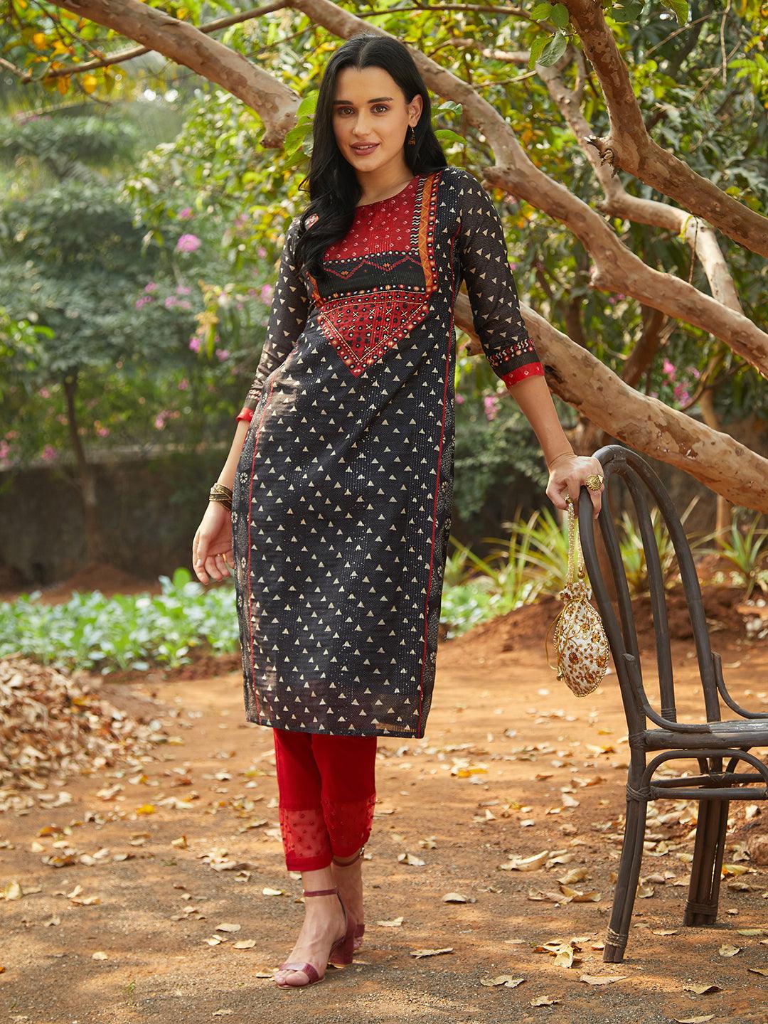 Ethnic Printed & Hand Embroidered Straight Fit Kurta – Black - Indiakreations