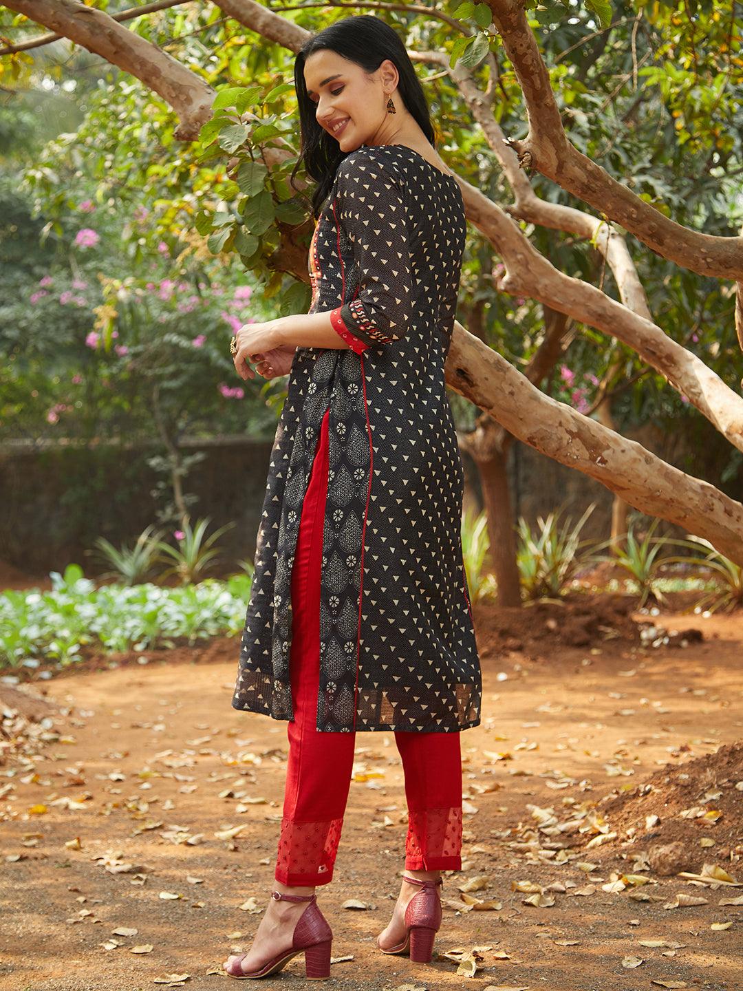 Ethnic Printed & Hand Embroidered Straight Fit Kurta – Black - Indiakreations