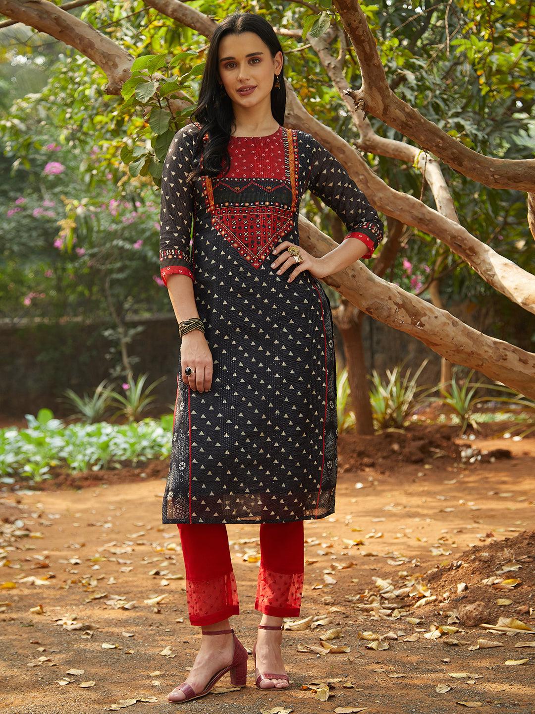 Ethnic Printed & Hand Embroidered Straight Fit Kurta – Black - Indiakreations