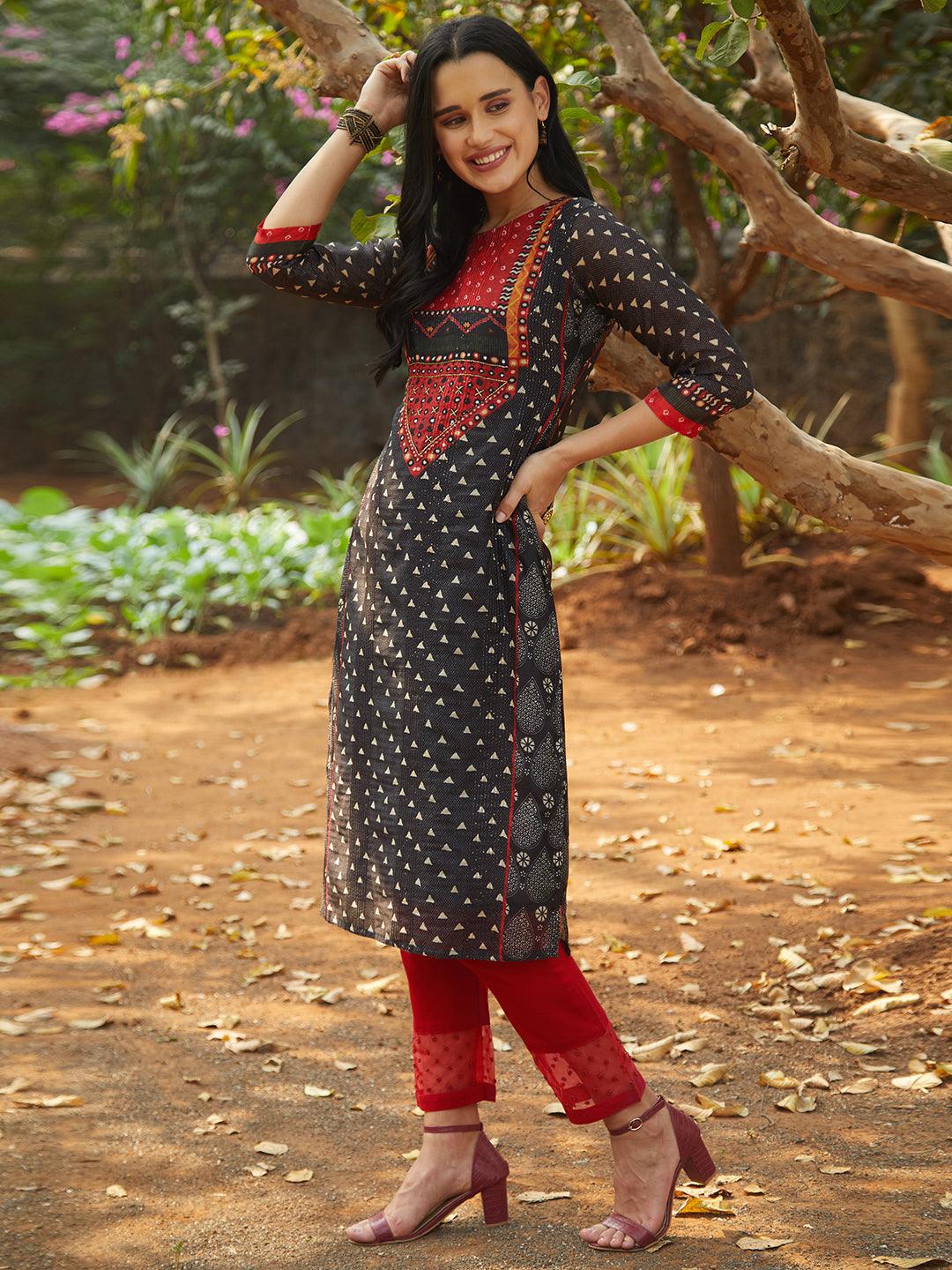 Ethnic Printed & Hand Embroidered Straight Fit Kurta – Black - Indiakreations