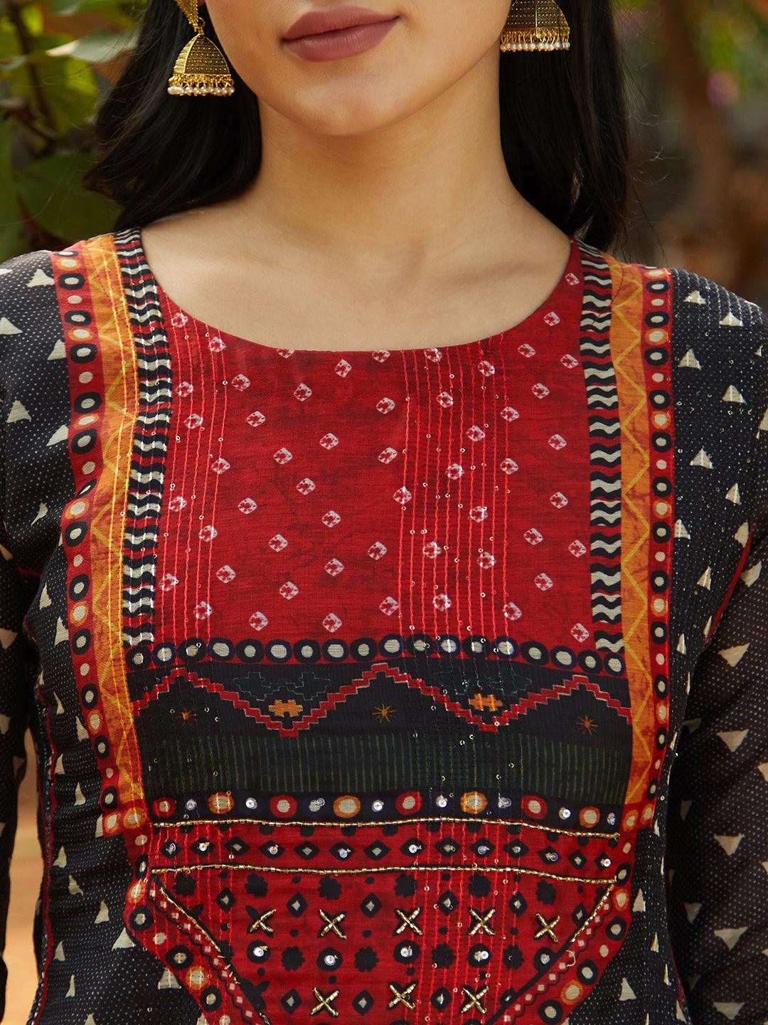 Ethnic Printed & Hand Embroidered Straight Fit Kurta – Black - Indiakreations