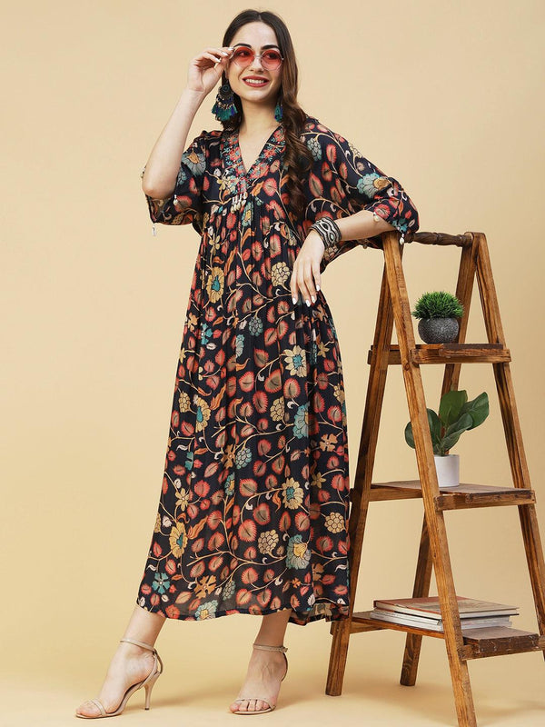 Floral Printed Resham Embroidered Empire Midi Dress With Inner - Navy Blue & Multi - Indiakreations