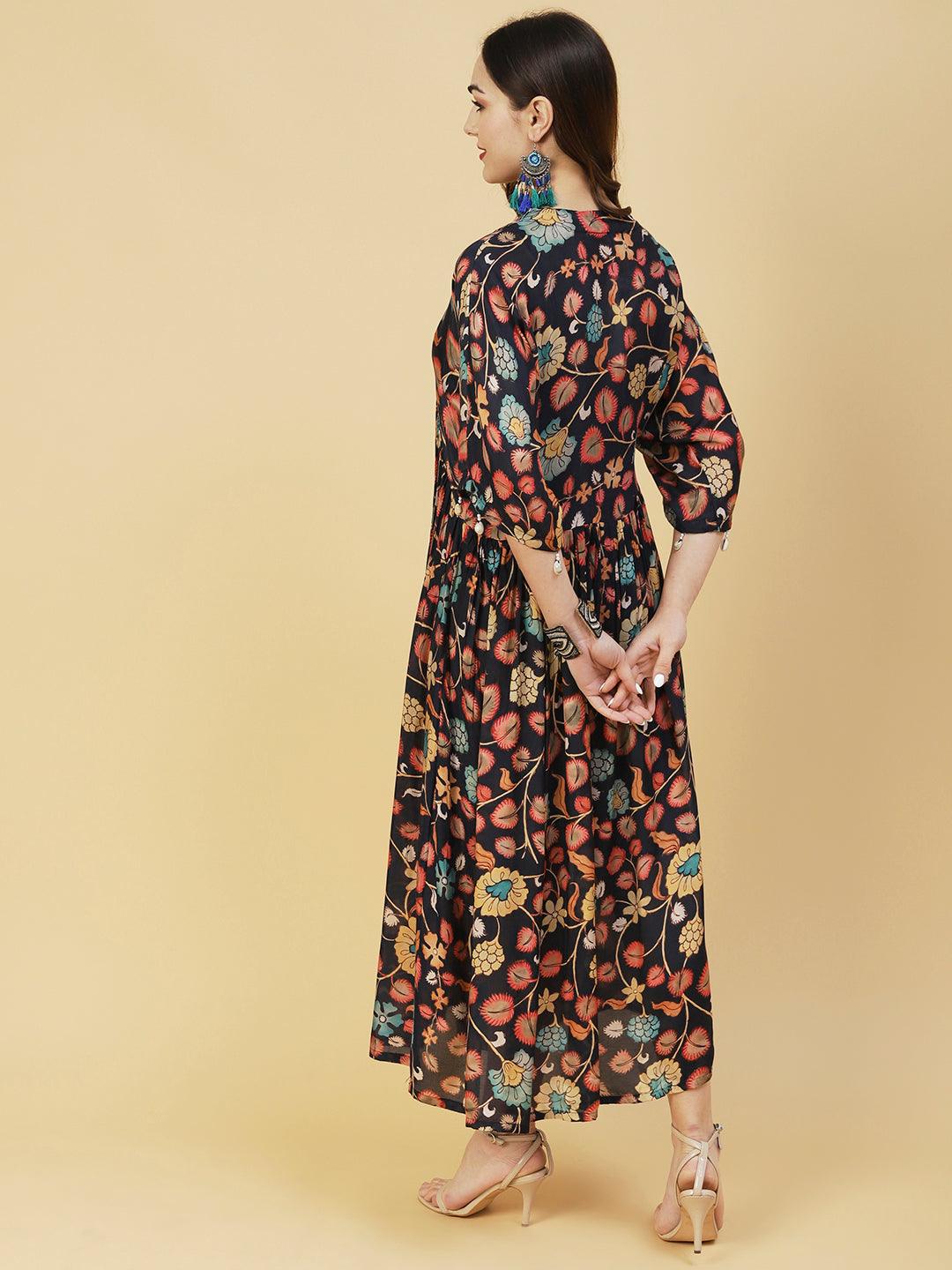 Floral Printed Resham Embroidered Empire Midi Dress With Inner - Navy Blue & Multi - Indiakreations