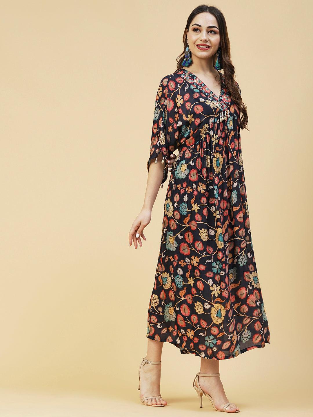 Floral Printed Resham Embroidered Empire Midi Dress With Inner - Navy Blue & Multi - Indiakreations