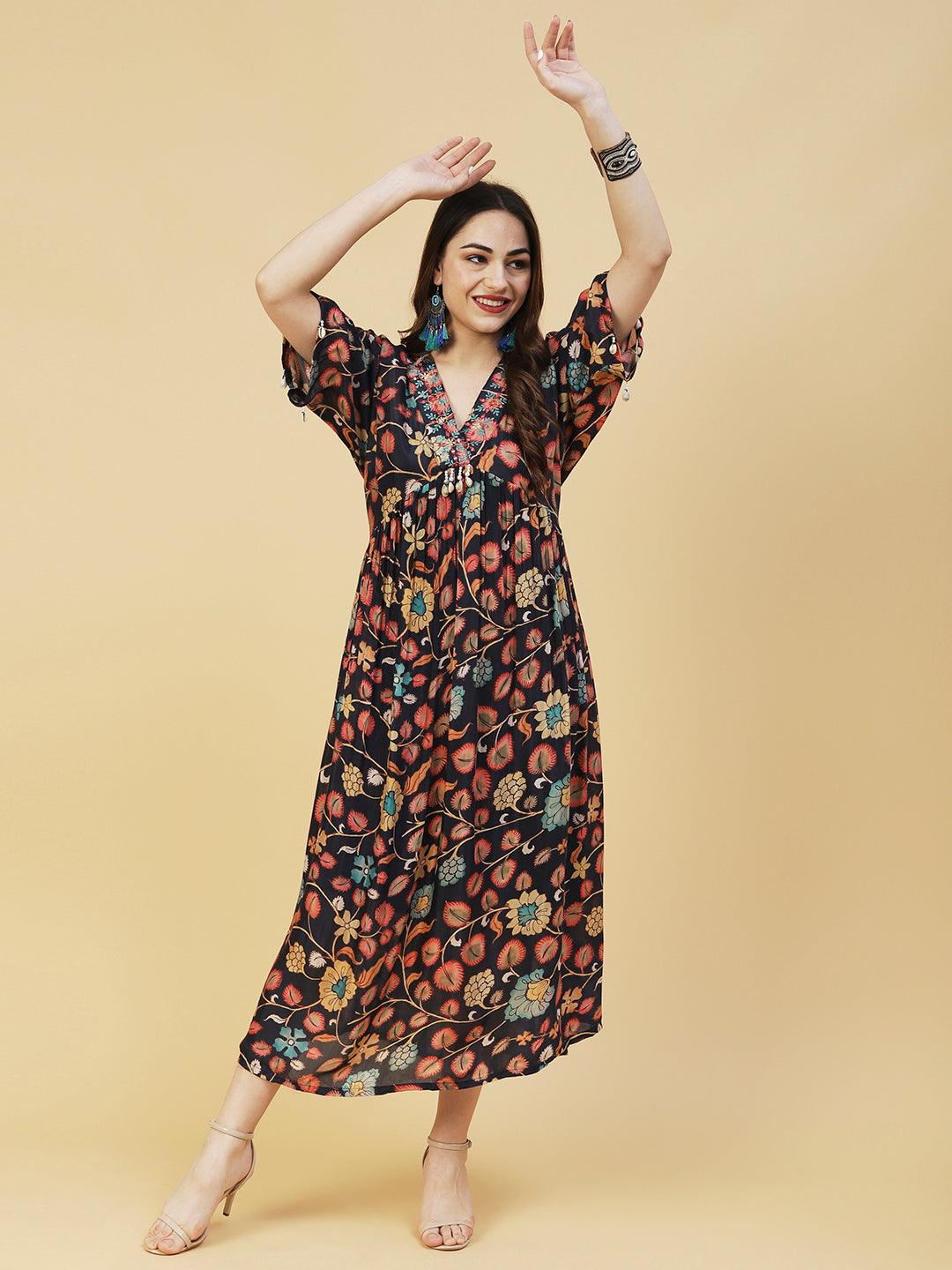 Floral Printed Resham Embroidered Empire Midi Dress With Inner - Navy Blue & Multi - Indiakreations