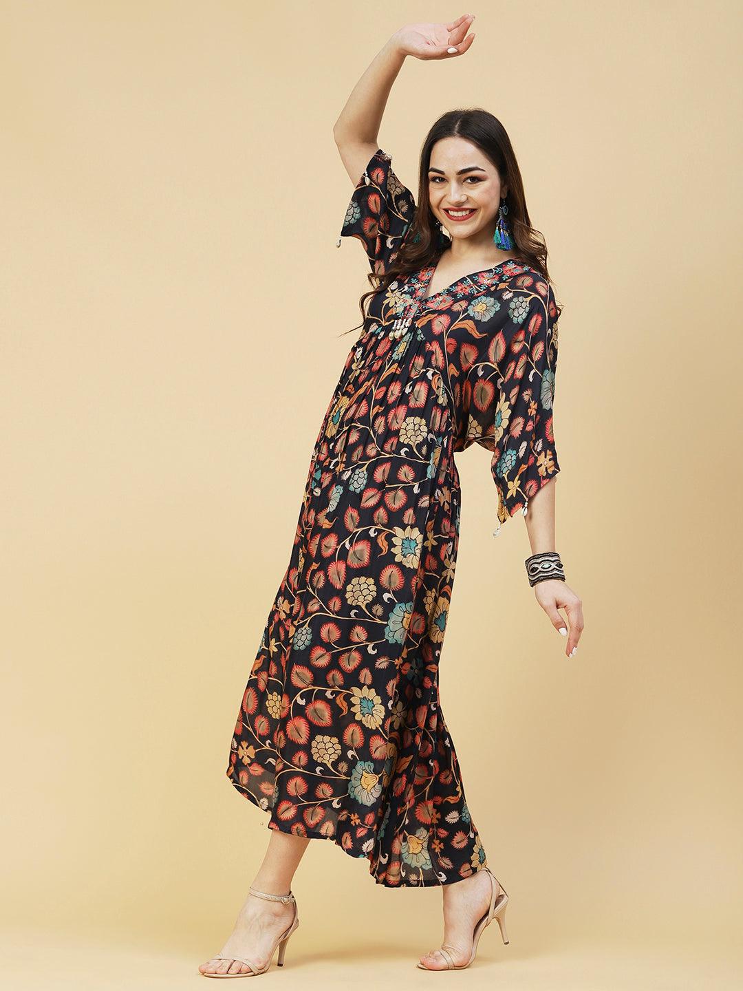 Floral Printed Resham Embroidered Empire Midi Dress With Inner - Navy Blue & Multi - Indiakreations