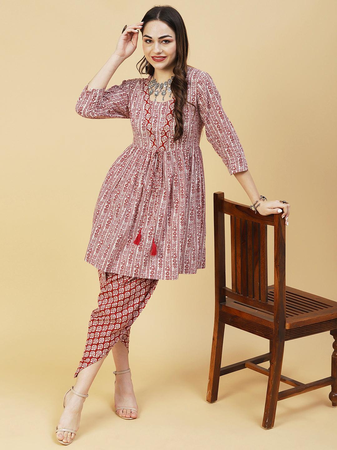 Ethnic Printed A-Line Kurta with Dhoti Pant - Maroon - Indiakreations