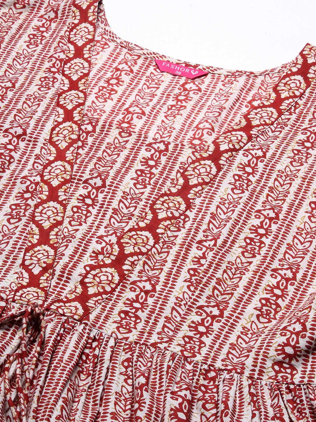 Ethnic Printed A-Line Kurta with Dhoti Pant - Maroon - Indiakreations