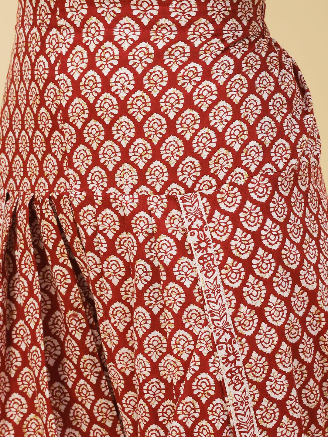 Ethnic Printed A-Line Kurta with Dhoti Pant - Maroon - Indiakreations