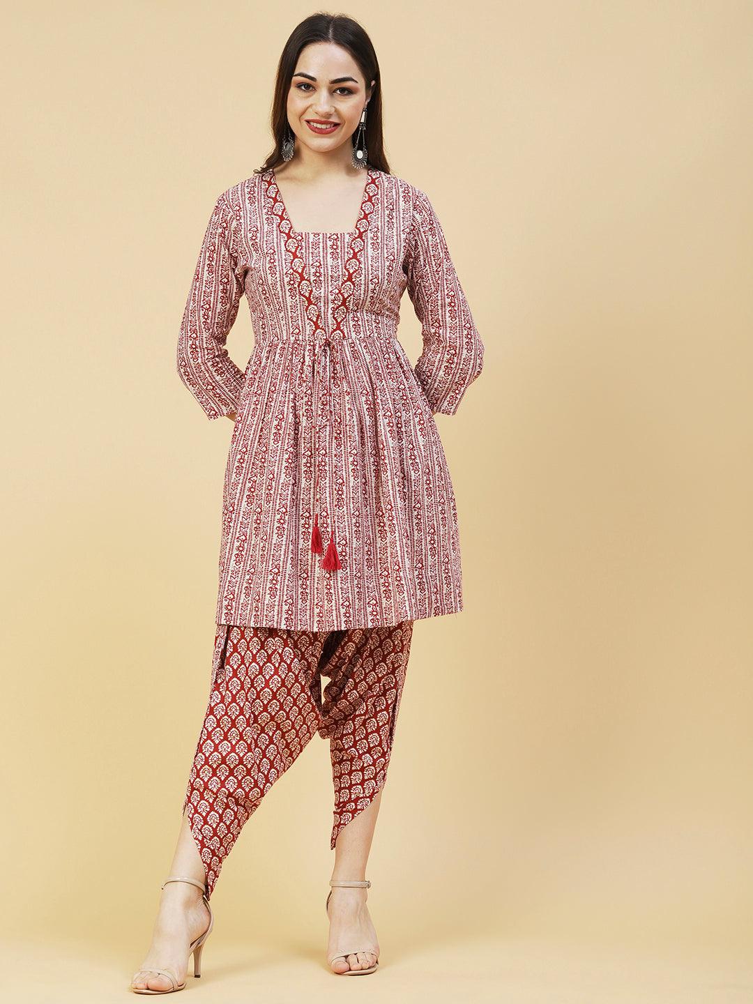 Ethnic Printed A-Line Kurta with Dhoti Pant - Maroon - Indiakreations