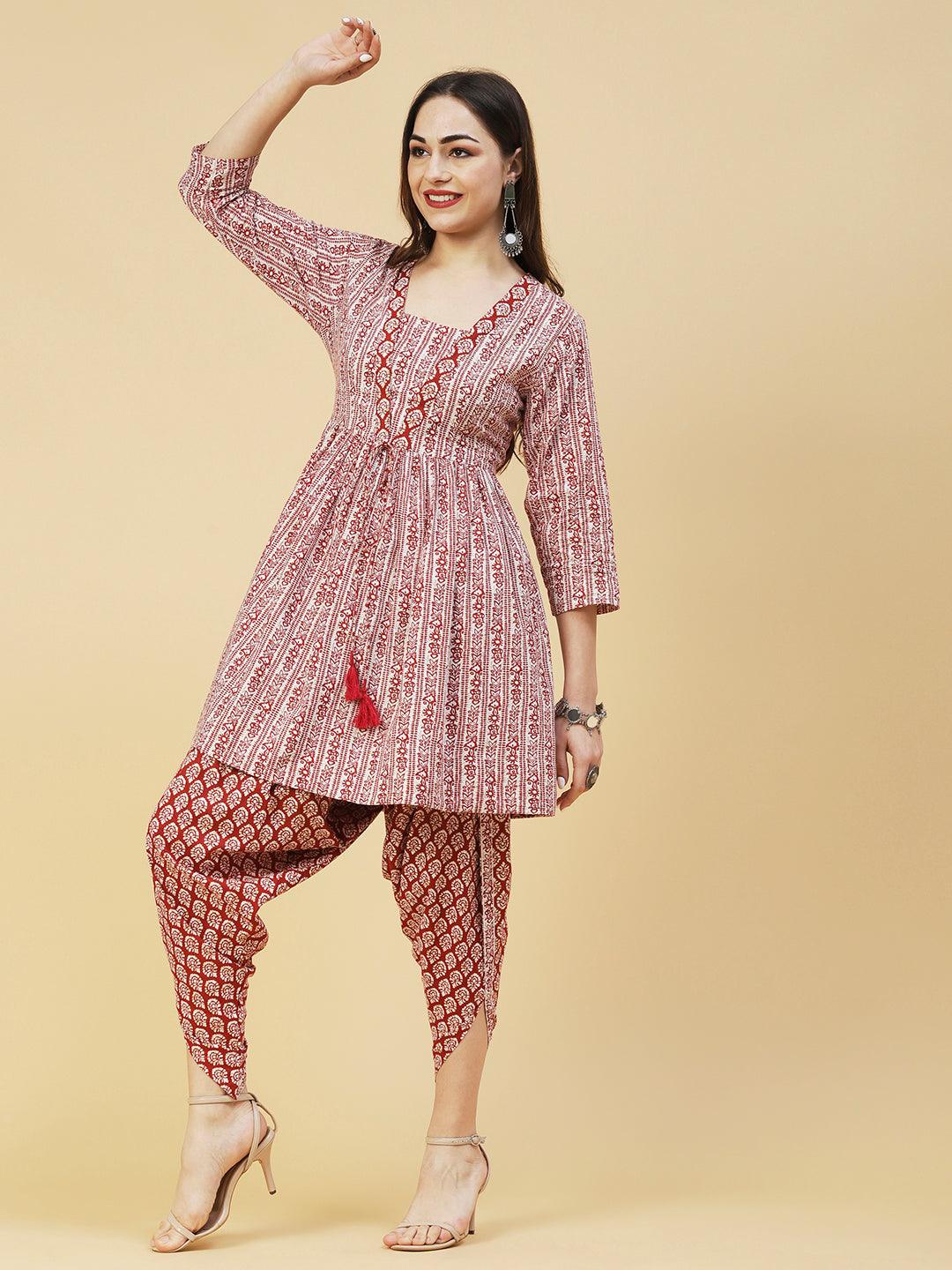 Ethnic Printed A-Line Kurta with Dhoti Pant - Maroon - Indiakreations