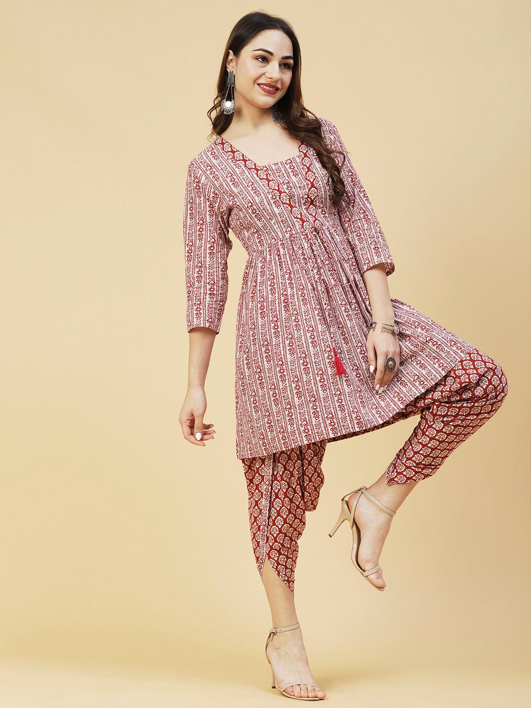 Ethnic Printed A-Line Kurta with Dhoti Pant - Maroon - Indiakreations