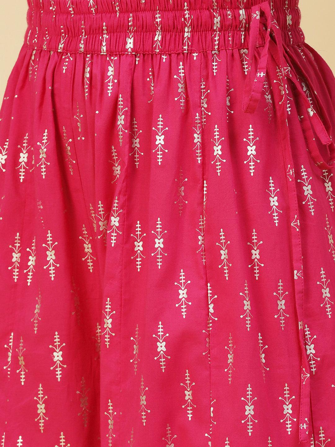 Foil Printed Zari Lace Embellished Anarkali With Sharara & Dupatta - Magenta - Indiakreations