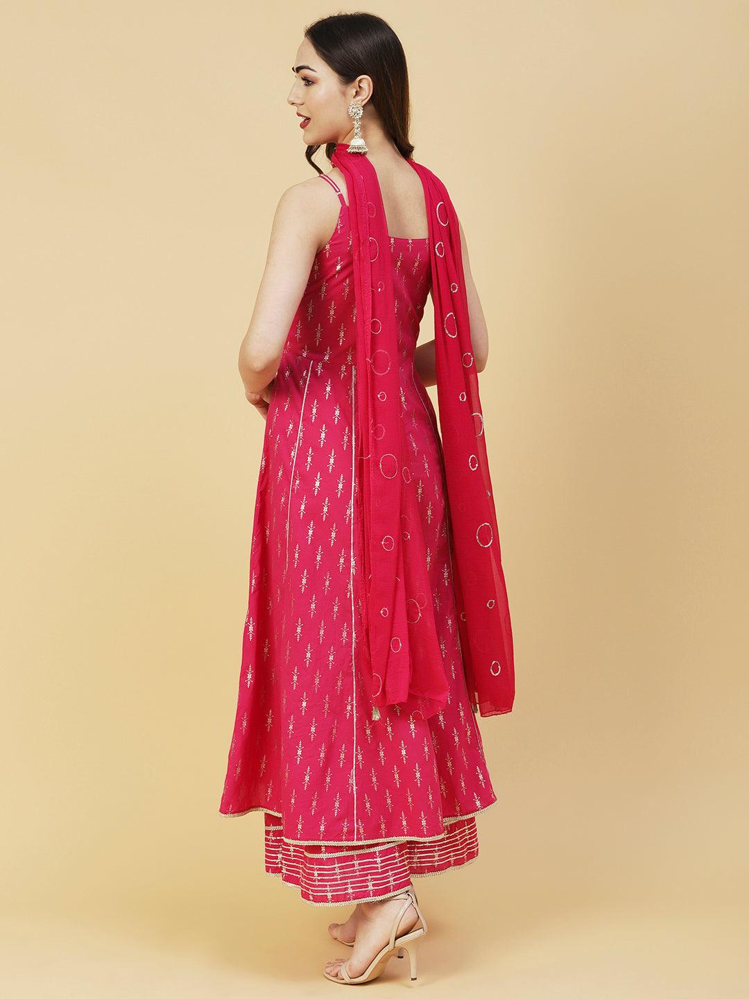 Foil Printed Zari Lace Embellished Anarkali With Sharara & Dupatta - Magenta - Indiakreations