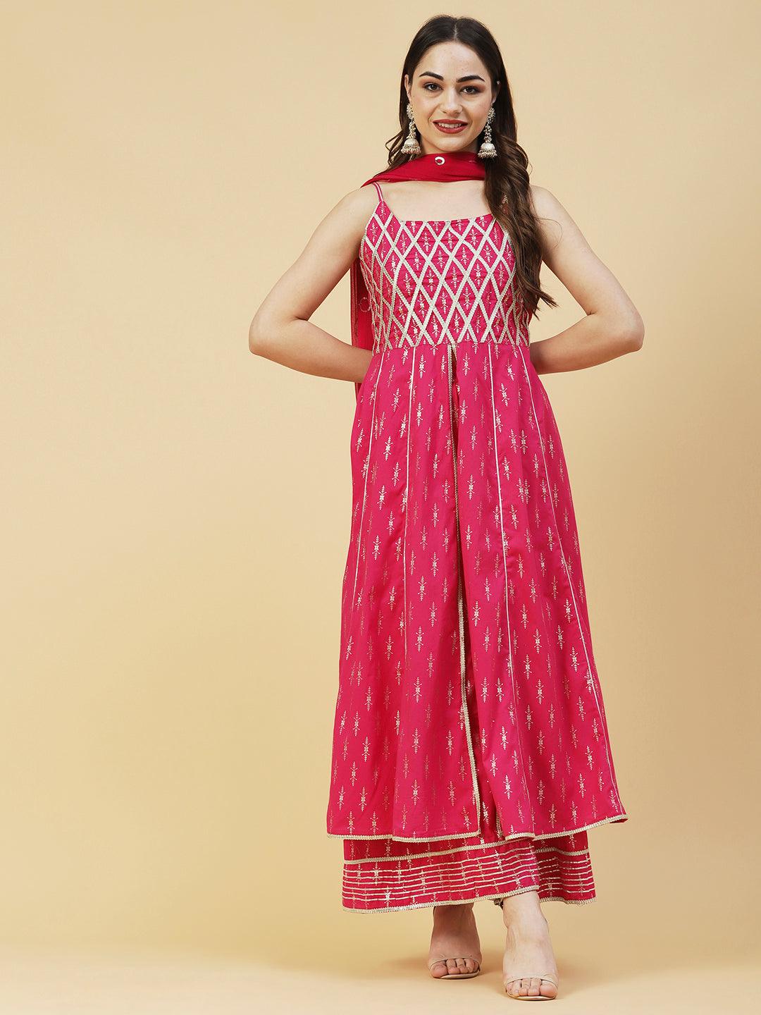 Foil Printed Zari Lace Embellished Anarkali With Sharara & Dupatta - Magenta - Indiakreations