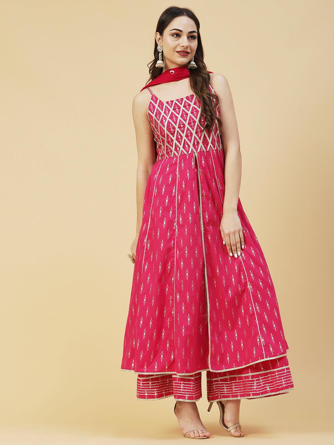 Foil Printed Zari Lace Embellished Anarkali With Sharara & Dupatta - Magenta - Indiakreations