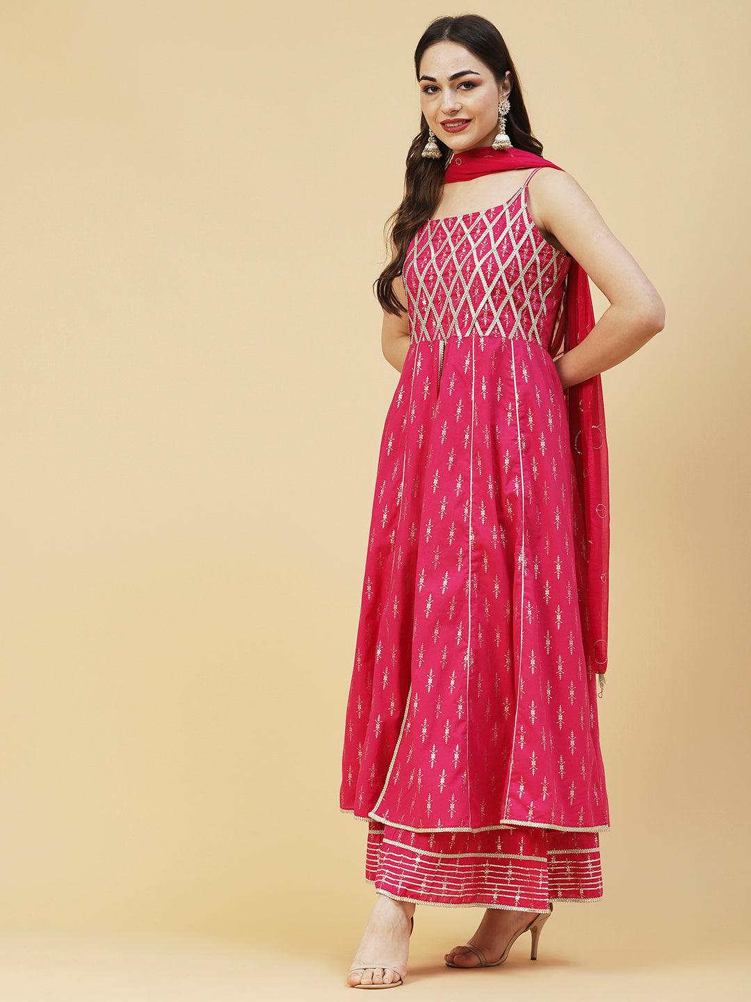 Foil Printed Zari Lace Embellished Anarkali With Sharara & Dupatta - Magenta - Indiakreations