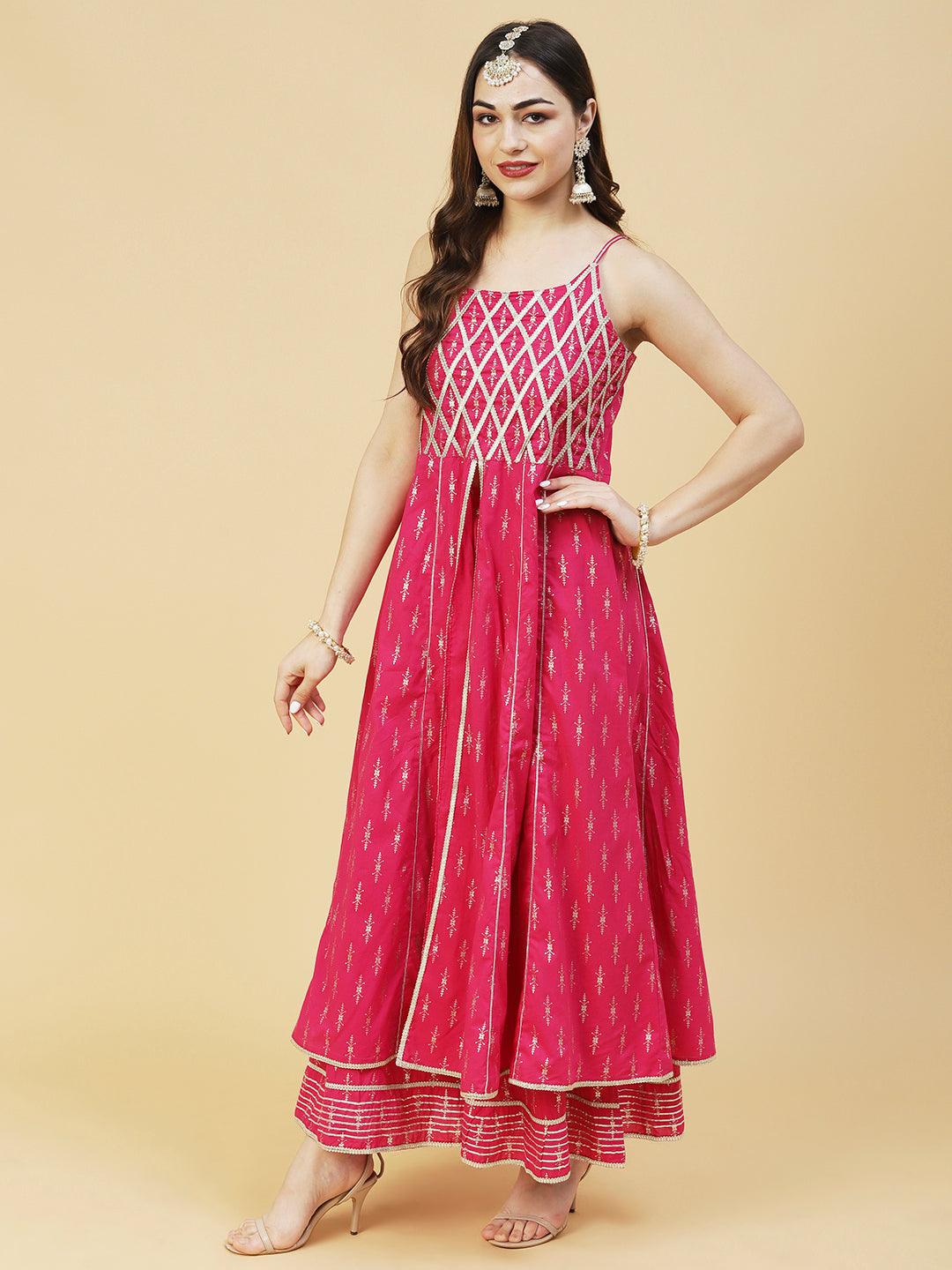 Foil Printed Zari Lace Embellished Anarkali With Sharara & Dupatta - Magenta - Indiakreations