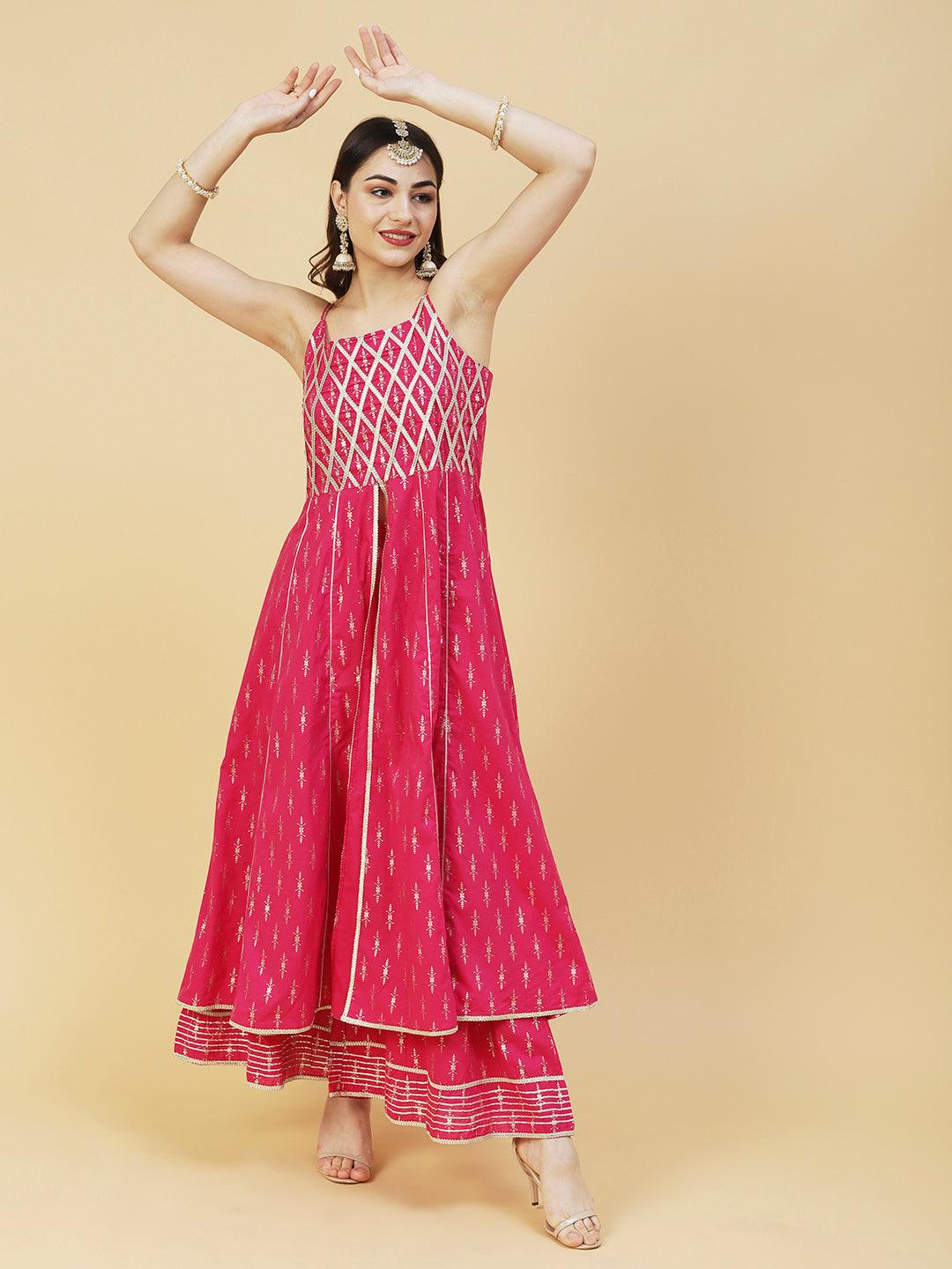 Foil Printed Zari Lace Embellished Anarkali With Sharara & Dupatta - Magenta - Indiakreations