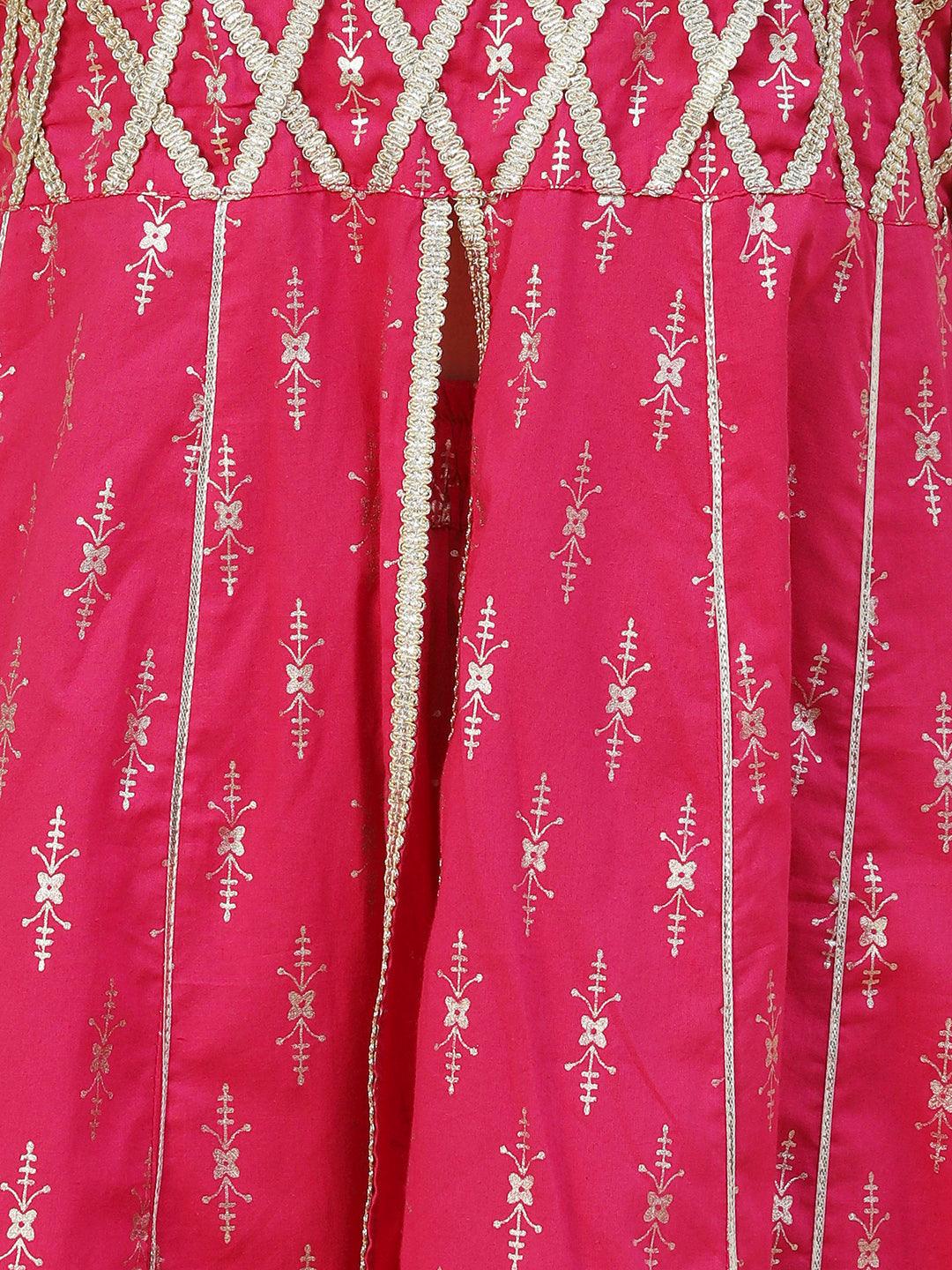 Foil Printed Zari Lace Embellished Anarkali With Sharara & Dupatta - Magenta - Indiakreations