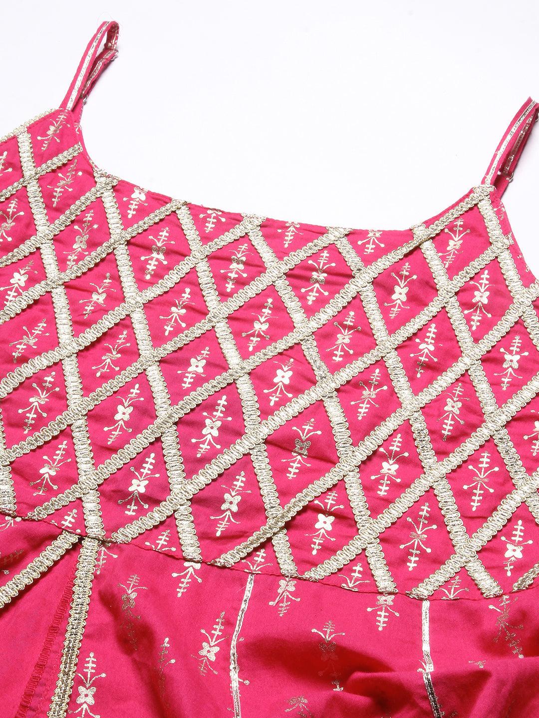 Foil Printed Zari Lace Embellished Anarkali With Sharara & Dupatta - Magenta - Indiakreations