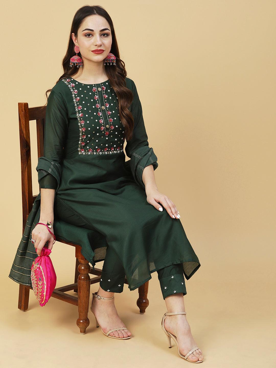 Solid Pearl & Sequins Embroidered Kurta With Pants & Striped Dupatta - Green - Indiakreations