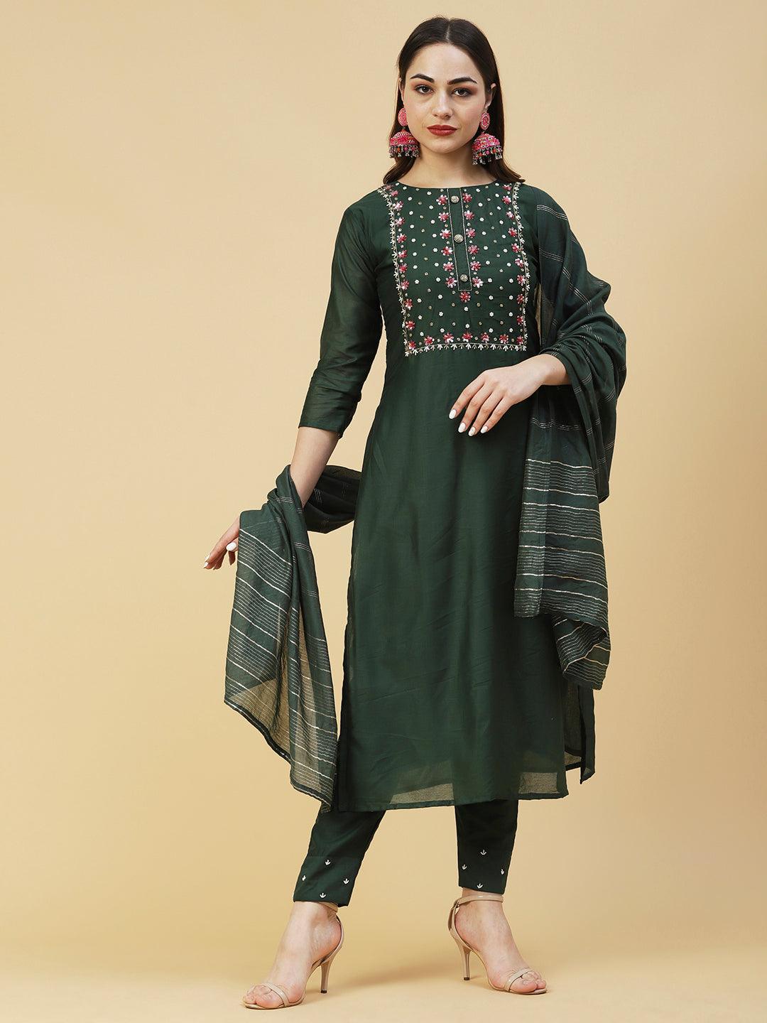 Solid Pearl & Sequins Embroidered Kurta With Pants & Striped Dupatta - Green - Indiakreations