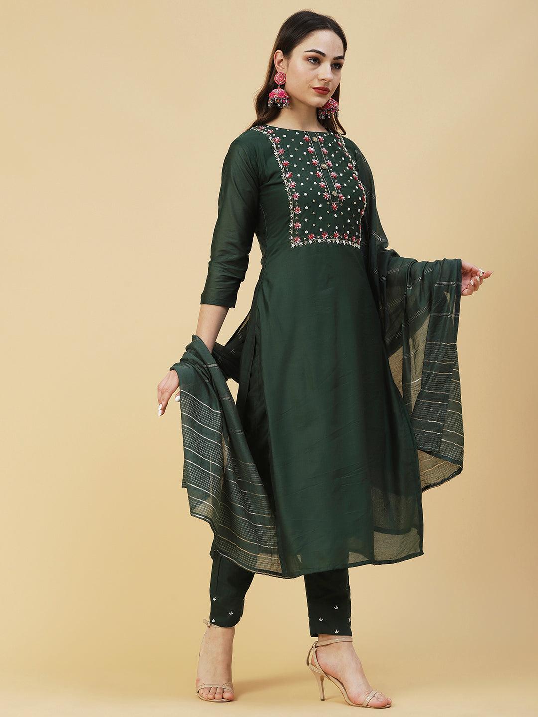 Solid Pearl & Sequins Embroidered Kurta With Pants & Striped Dupatta - Green - Indiakreations