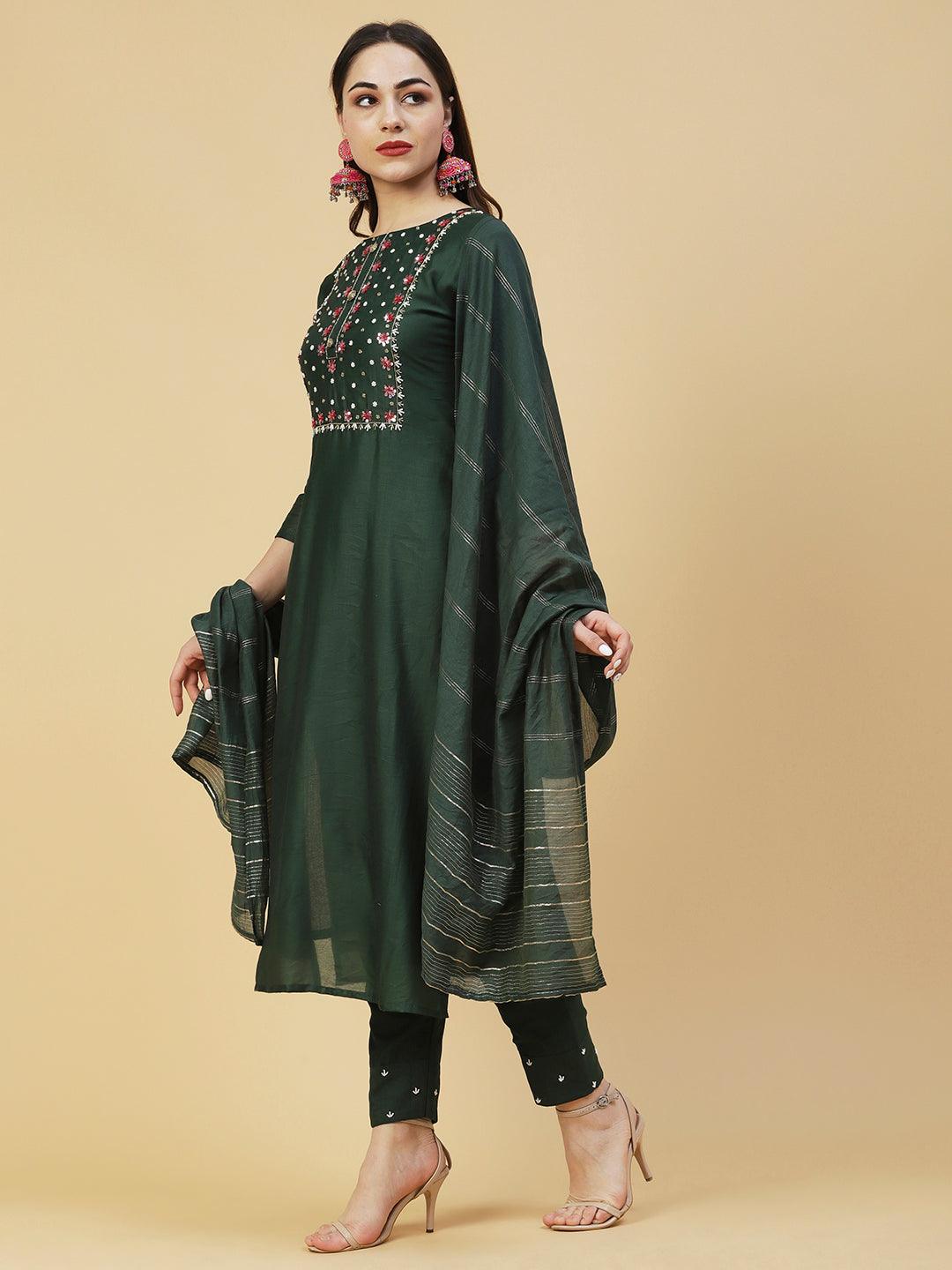 Solid Pearl & Sequins Embroidered Kurta With Pants & Striped Dupatta - Green - Indiakreations