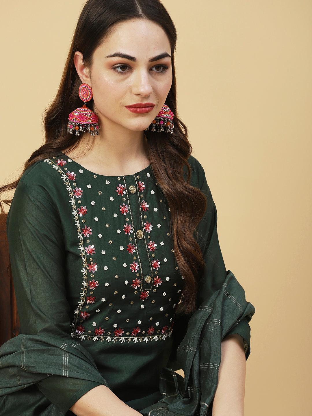 Solid Pearl & Sequins Embroidered Kurta With Pants & Striped Dupatta - Green - Indiakreations