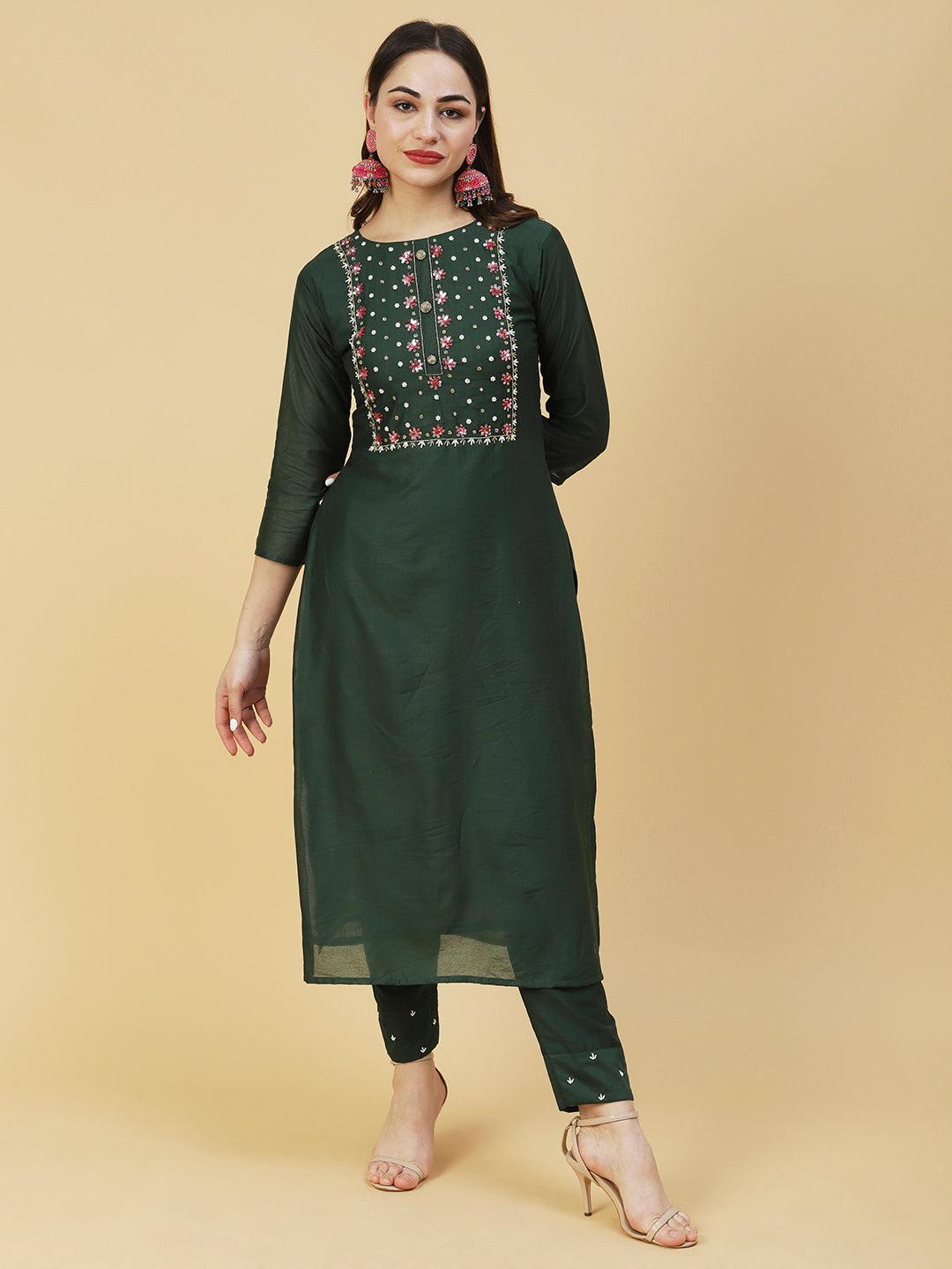 Solid Pearl & Sequins Embroidered Kurta With Pants & Striped Dupatta - Green - Indiakreations