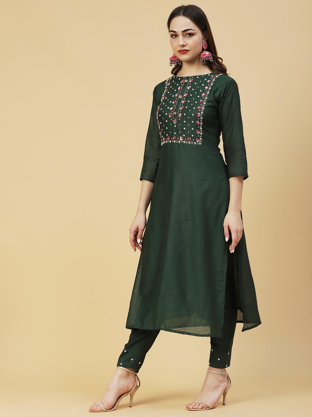 Solid Pearl & Sequins Embroidered Kurta With Pants & Striped Dupatta - Green - Indiakreations