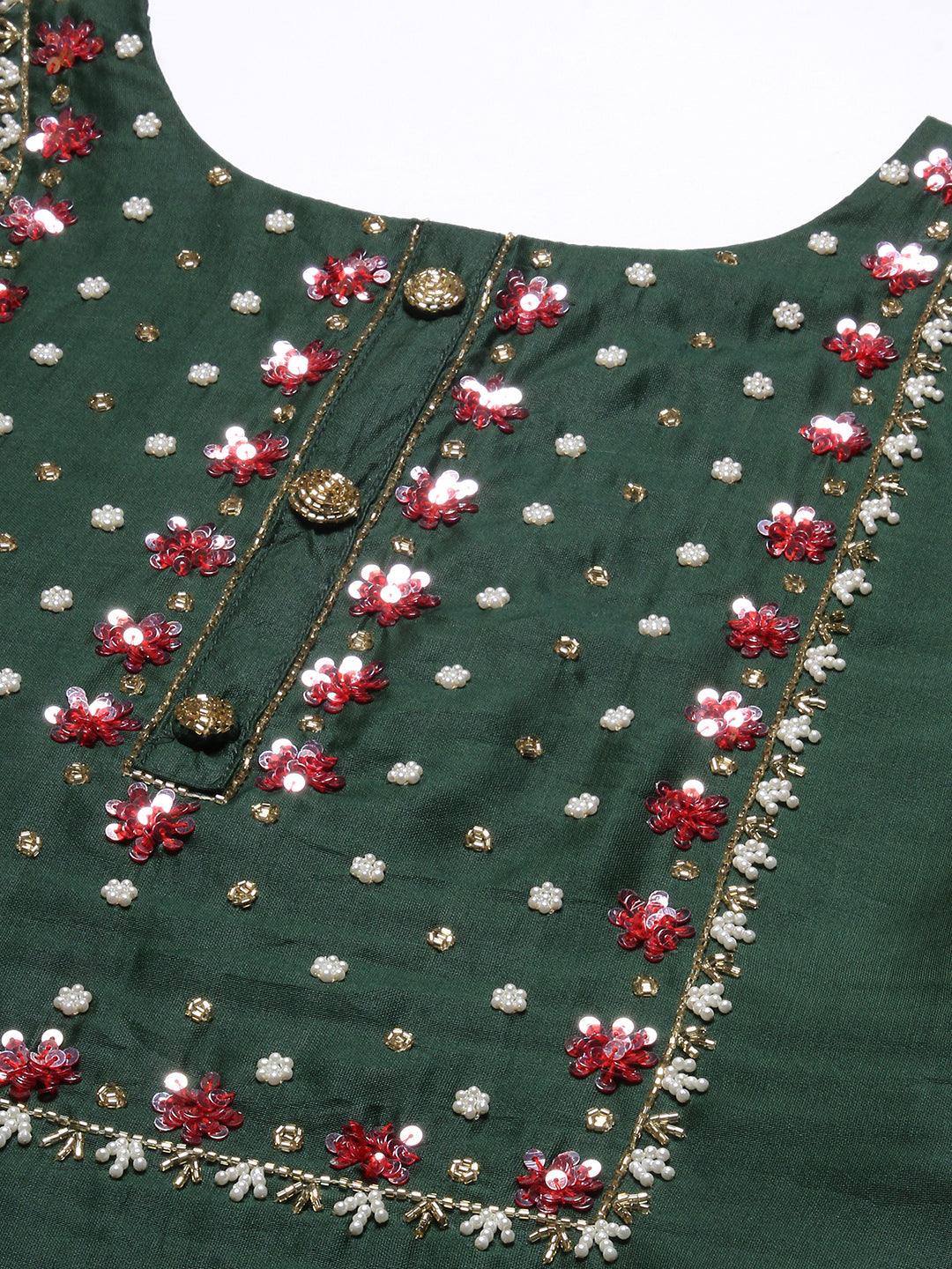 Solid Pearl & Sequins Embroidered Kurta With Pants & Striped Dupatta - Green - Indiakreations