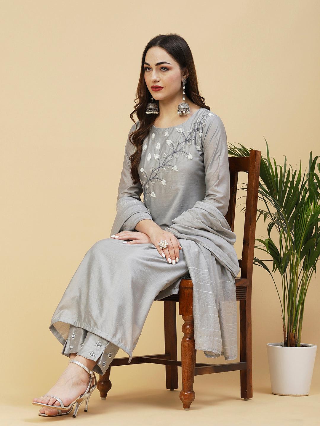 Solid Cutdana & Beads Embroidered Kurta With Pants & Dupatta - Grey - Indiakreations