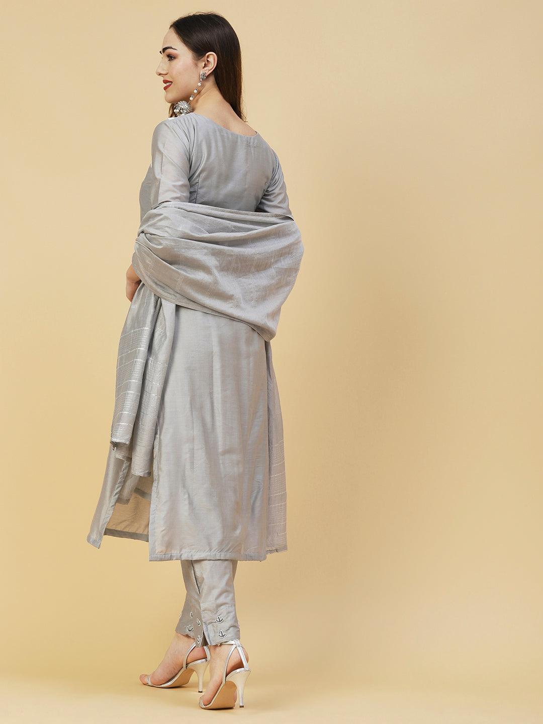 Solid Cutdana & Beads Embroidered Kurta With Pants & Dupatta - Grey - Indiakreations