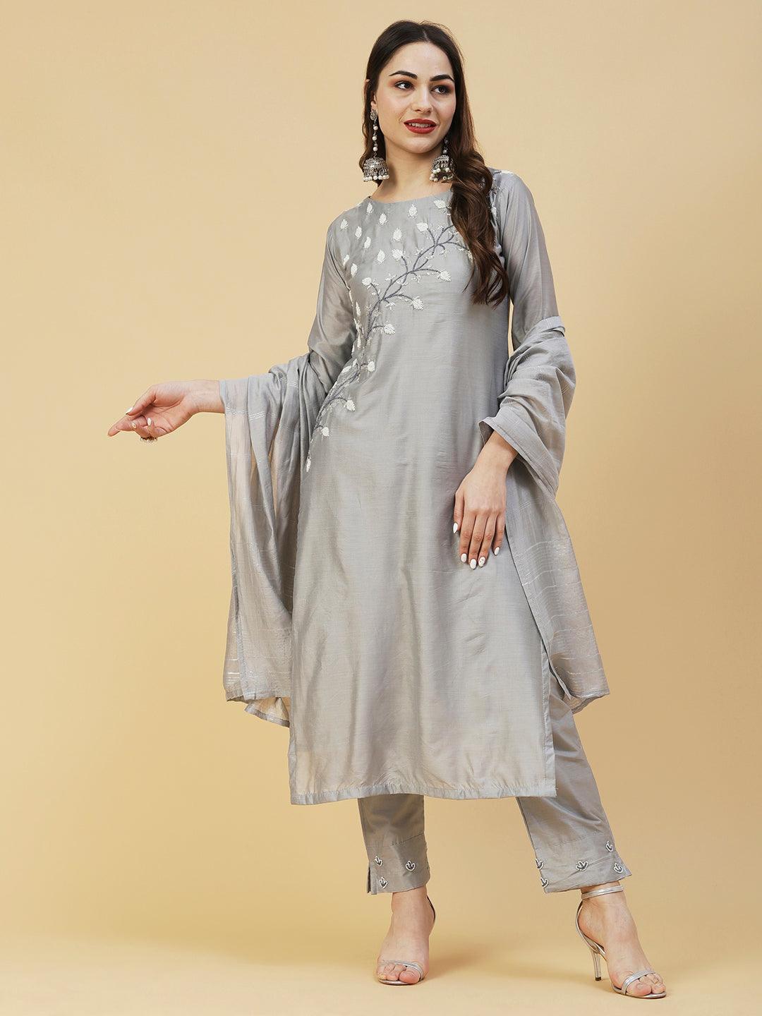 Solid Cutdana & Beads Embroidered Kurta With Pants & Dupatta - Grey - Indiakreations