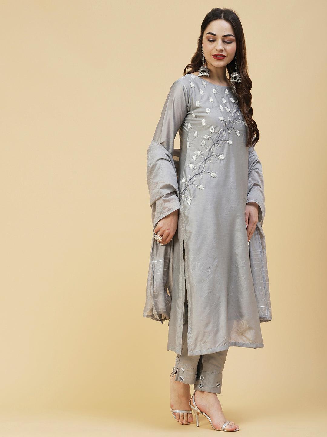 Solid Cutdana & Beads Embroidered Kurta With Pants & Dupatta - Grey - Indiakreations