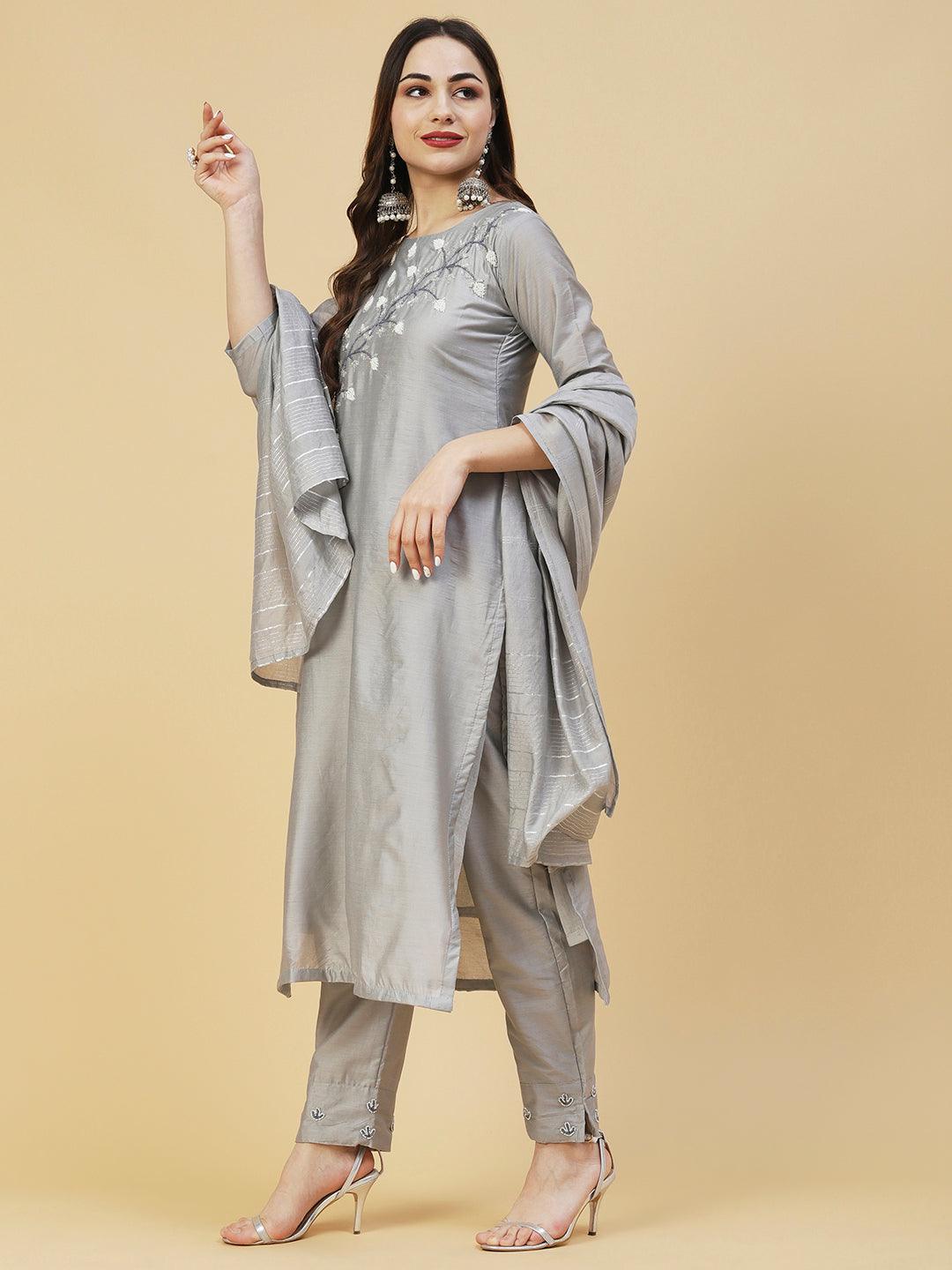 Solid Cutdana & Beads Embroidered Kurta With Pants & Dupatta - Grey - Indiakreations