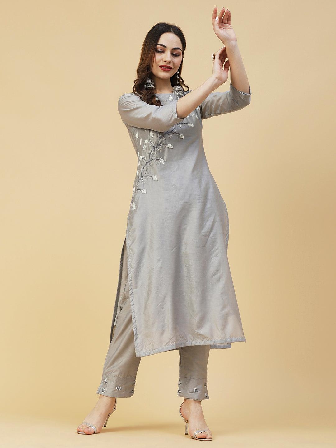 Solid Cutdana & Beads Embroidered Kurta With Pants & Dupatta - Grey - Indiakreations