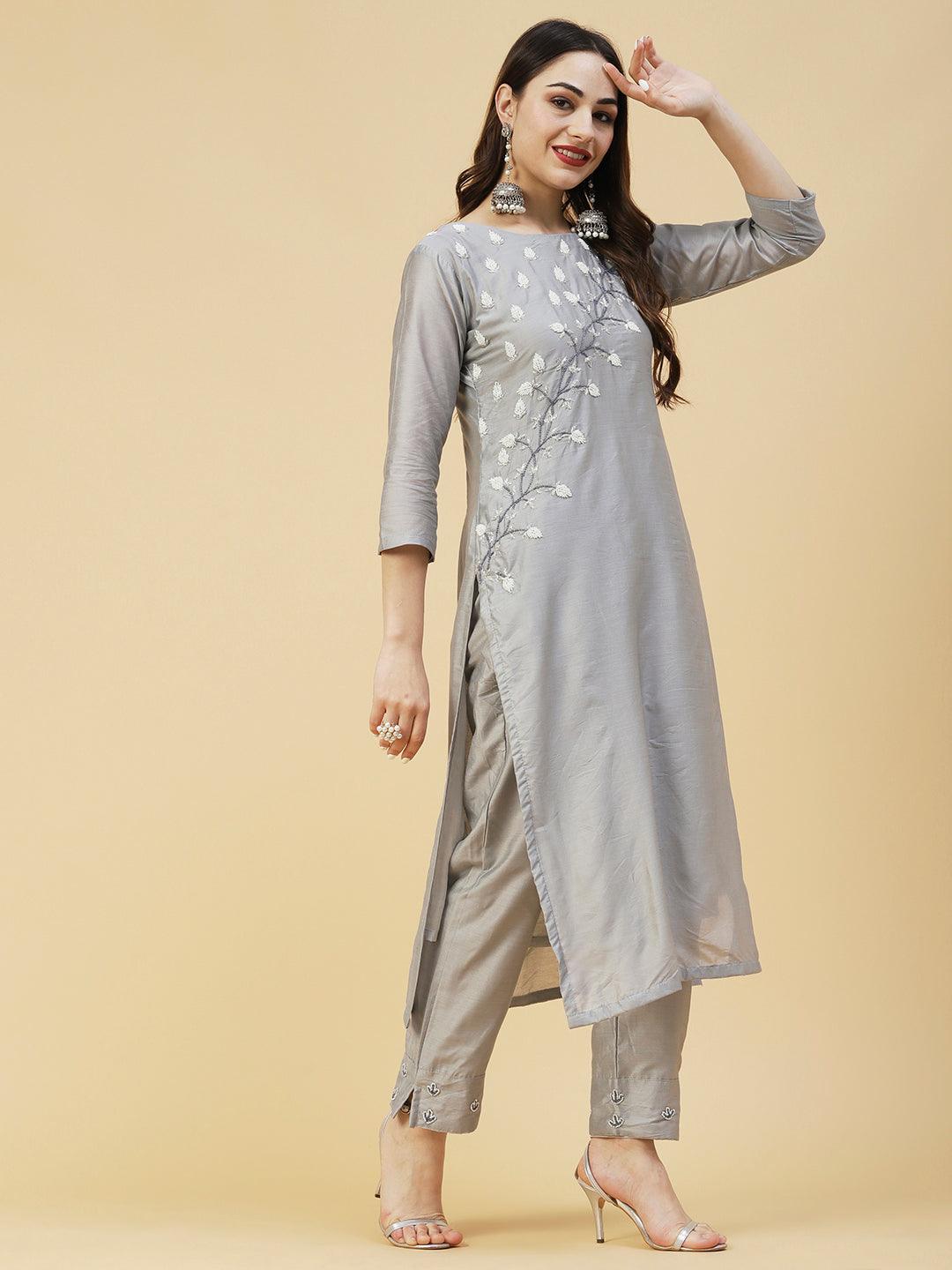 Solid Cutdana & Beads Embroidered Kurta With Pants & Dupatta - Grey - Indiakreations