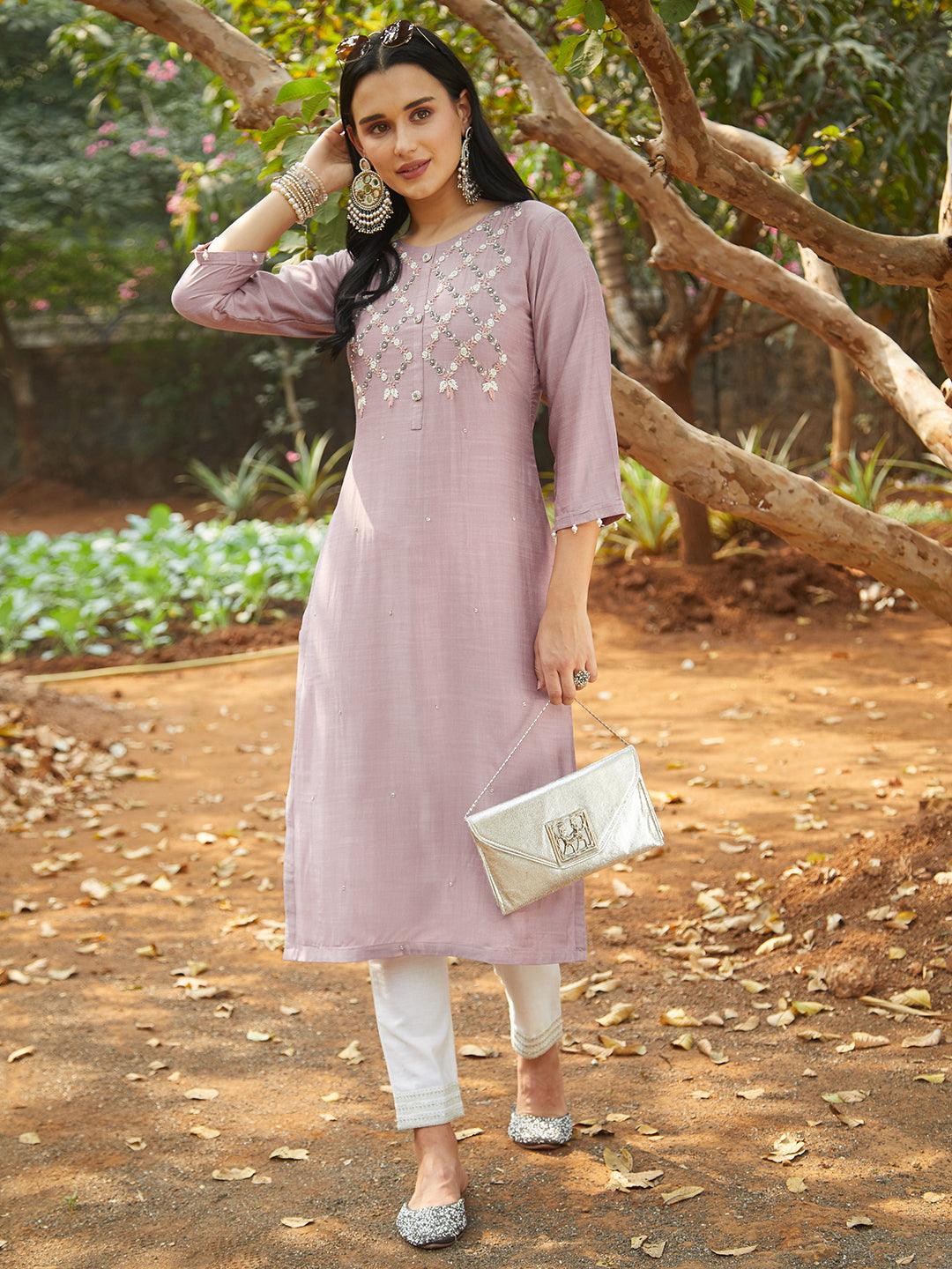 Ethnic Hand Embroidered Straight Fit Kurta – Mauve - Indiakreations