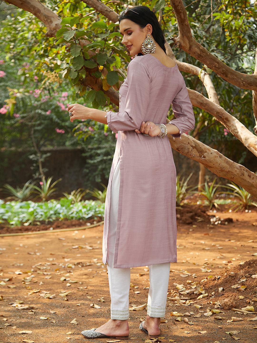 Ethnic Hand Embroidered Straight Fit Kurta – Mauve - Indiakreations