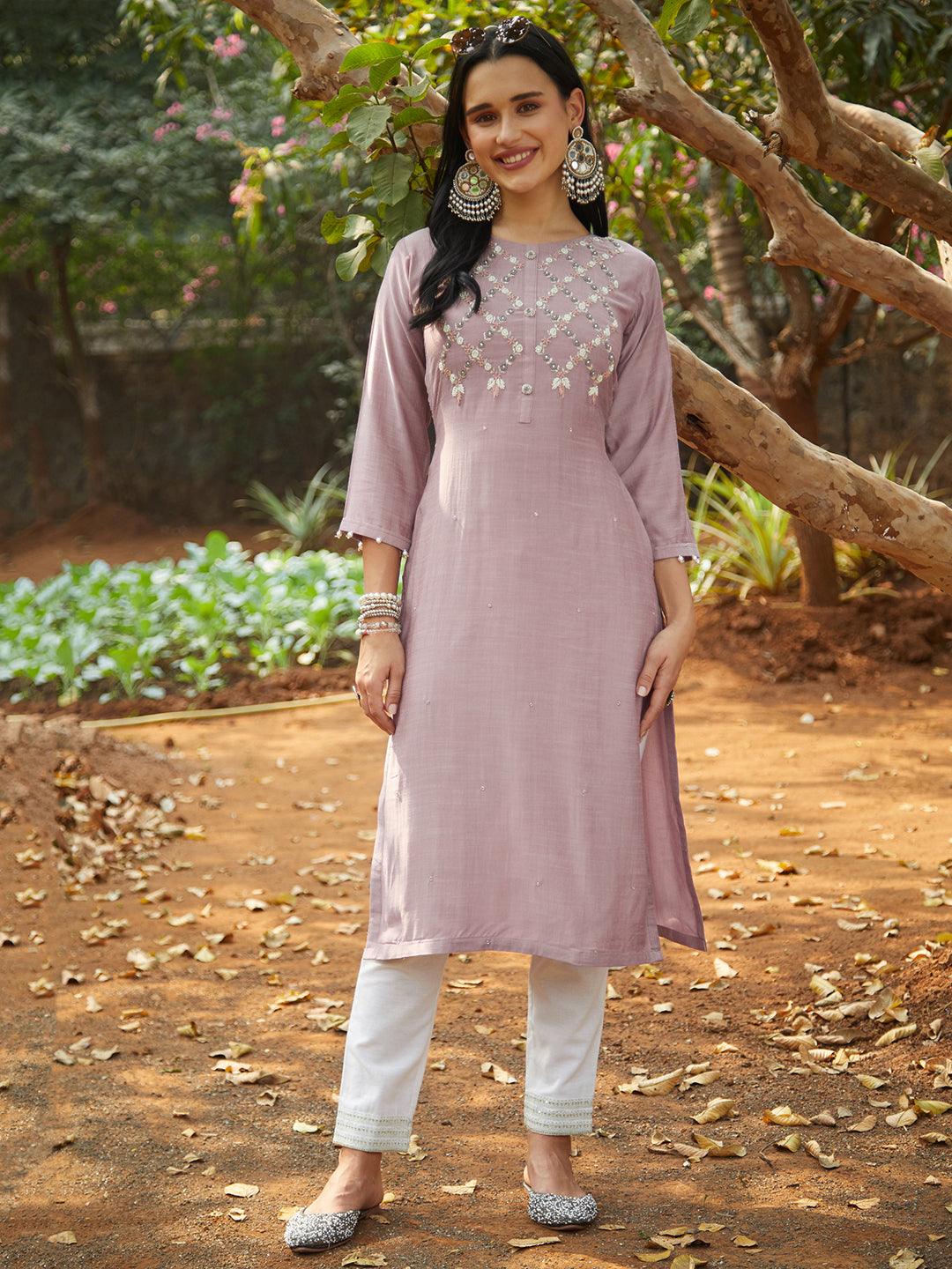 Ethnic Hand Embroidered Straight Fit Kurta – Mauve - Indiakreations