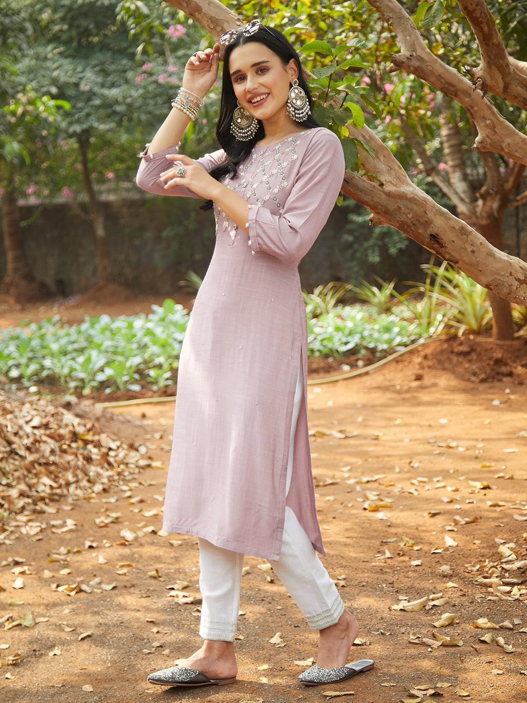 Ethnic Hand Embroidered Straight Fit Kurta – Mauve - Indiakreations