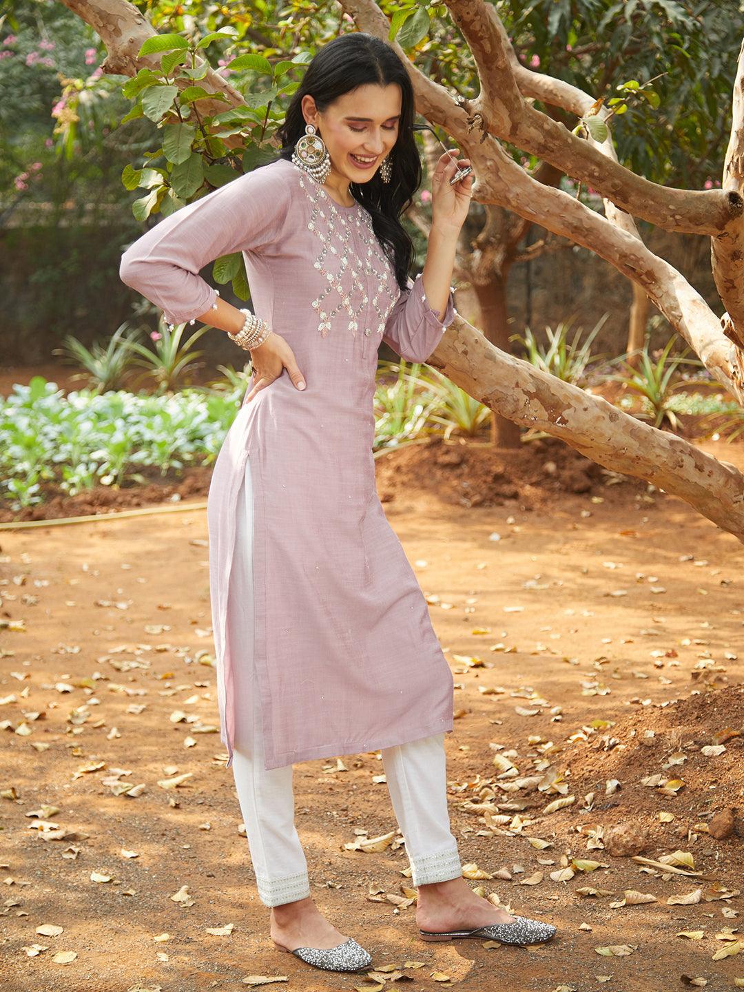 Ethnic Hand Embroidered Straight Fit Kurta – Mauve - Indiakreations